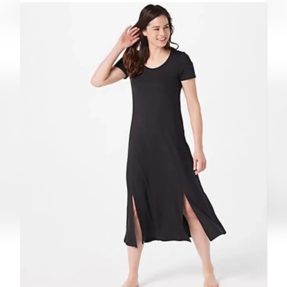 Cuddl Duds Black Double front opening Short Sleeve Womens Midi Dress Size L - Picture 1 of 5